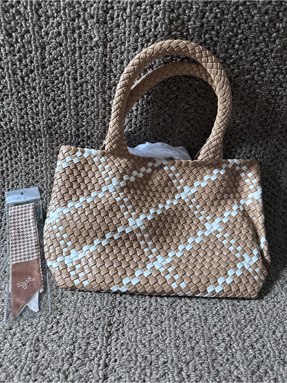 Vegan Leather Braided Tan and White Tote Bag with Top Handles
